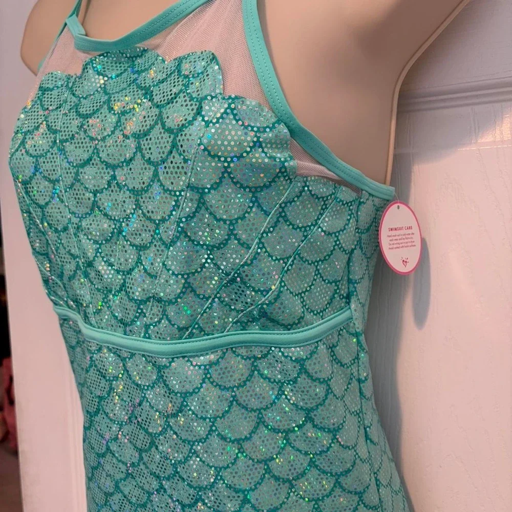 Justice Mermaid Scale One Piece Swimsuit Girls 20 NWT Aqua Glitter Y2K Fairy